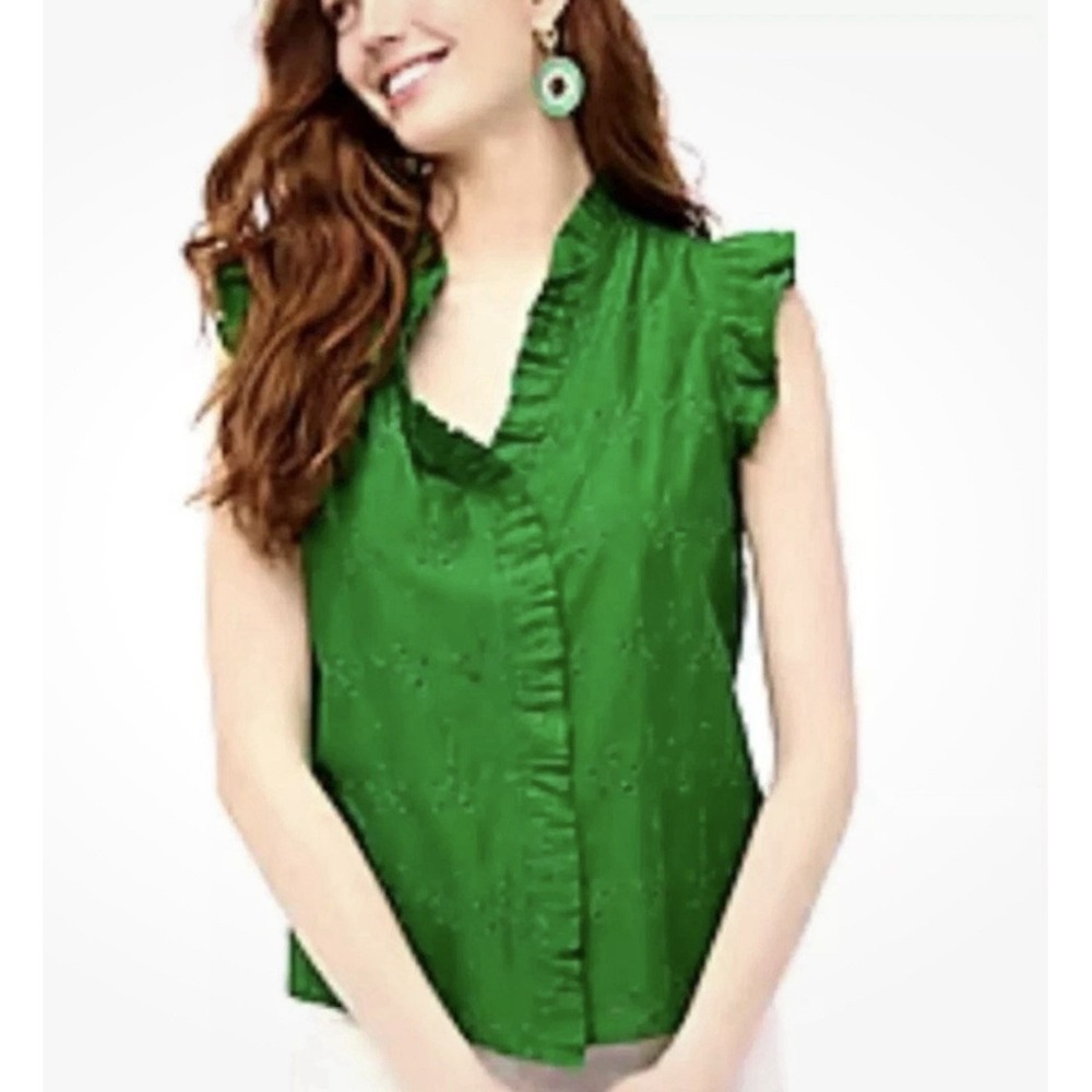 New J. Crew Sleeveless Eyelet Ruffle Top Size L Green Cottage Coastal Minimalis